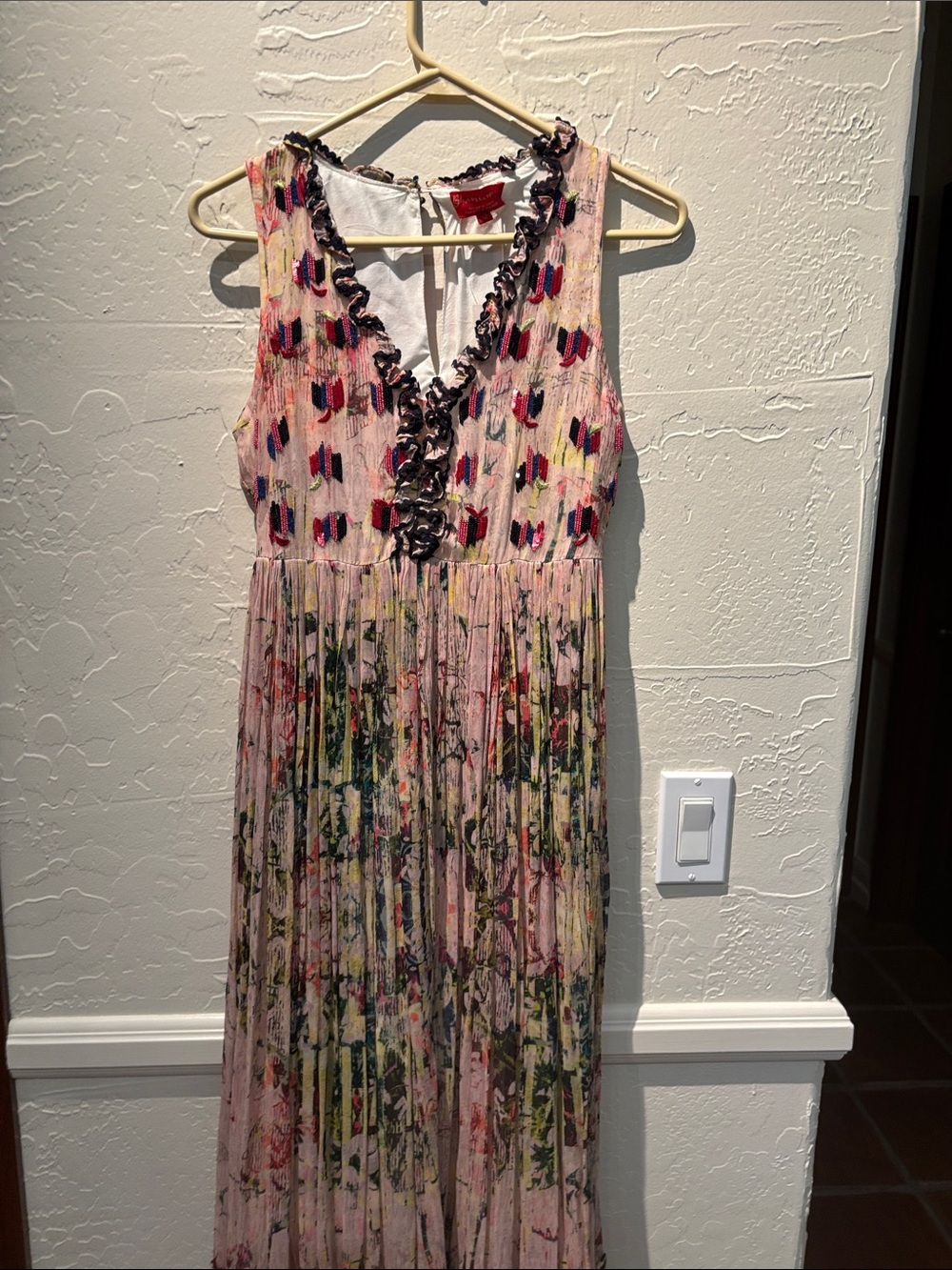 Anthropologie Pink Floral Ruffle-Trim Pleated Maxi Dress